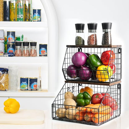 Mefirt Fruit Basket, Stackable Wall Mounted Fruit Baskets, Potato Baskets Onion Storage for Kitchen, Hanging Wire Basket with Wood Lid, 2-Tier Vegetable Organizer Kitchen Countertop Organization