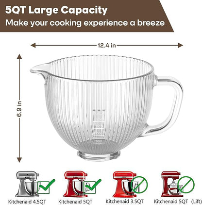 GVODE Glass Kitchen Aid Mixing Bowl, 4.5-5 Quart Tilt-Head for Kitchen Aid Glass Mixer Bowl, Pour Spout & Measurement Markings, Dishwasher Safe