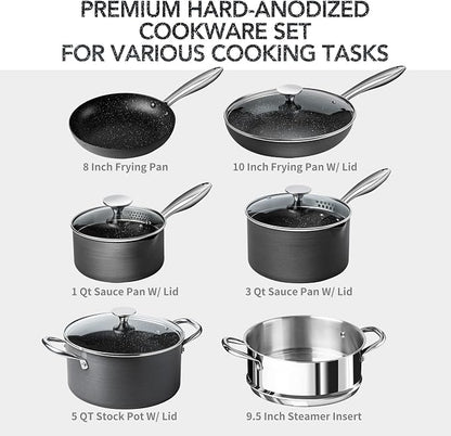 MICHELANGELO Hard Anodized Cookware Set - 10 Pcs Non Stick Pots and Pans Set with Granite Interior, Induction Cookware Set with Steamer Insert
