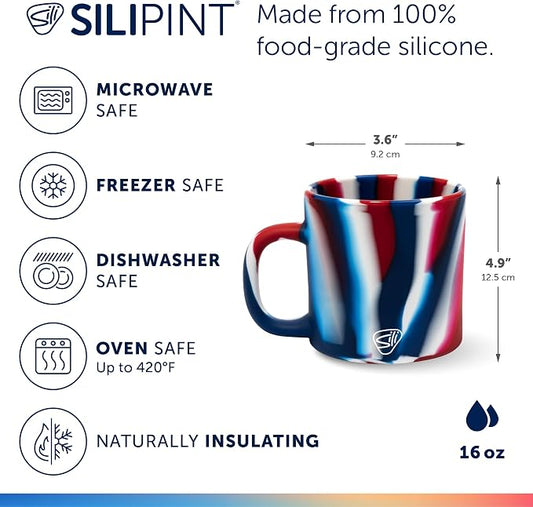 Silipint 16oz Silicone Coffee Mug – Pack of 1 Unbreakable Dishwasher Safe Microwave Oven & Freezer Compatible Travel Mug – Non-Toxic Reusable Cup for Hot Coffee Tea or Cold Drinks (The Patriot)