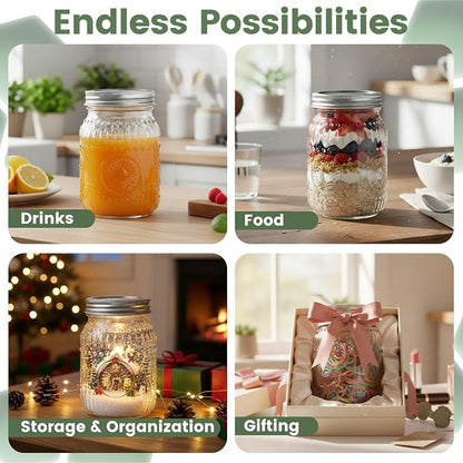 16oz Mason Jars with Airtight Rust-Proof 304 Stainless Steel Lids and Bands, 4 Pack with Elegant Sunflower Embossing, Pint Glass Jars for Meal Prep, Pickling, Overnight Oats, Dry Food & DIY Crafts