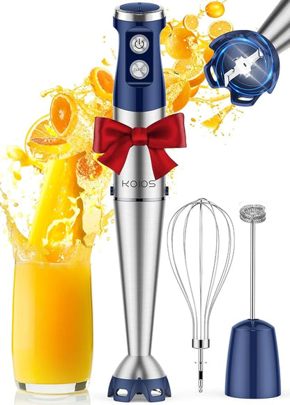 KOIOS Immersion Blender, 1000W Anti-scratch 3-in-1 Hand Blender, Upgraded 12 Speed Stainless Steel Blade Stick Blender with Turbo Mode, Whisk and Milk Frother, Non-BPA, Blue