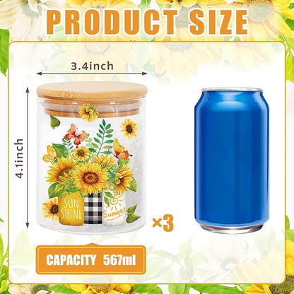JarThenaAMCS 3Pcs Sunflower Glass Storage Jars with Airtight Lid Watercolor Floral Gnome Truck Candy Cookie Canisters Sets for Spring Summer Home Kitchen Countertop Decorations