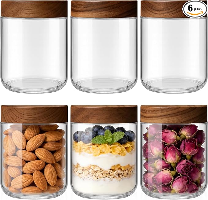 Bumobum 16 oz Overnight Oats Containers with Lids, Glass Mason Jars with Acacia Wood Airtight Lid, Wide Mouth Glass Canisters for Food Storage Chia Pudding Snacks Yogurt Spice Meal Prep, 6-Pack