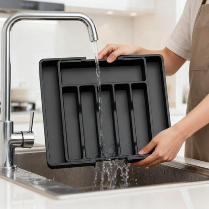 Expandable Large Silverware Tray For Drawer Organizer, Kitchen Cooking Utensil Drawer Organizer For Spoons Forks Knives, Adjustable Cutlery Flatware Holder 13"-22.4" X 14.7" X 2" (Black)