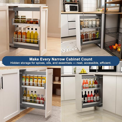 VADANIA Naro Pull Out Cabinet Organizer with Glass Side Panels, 2-Tier Spice Rack for 10" Base Cabinets, Soft Close Full-Extension Slides, Reversible Left or Right Side Mount