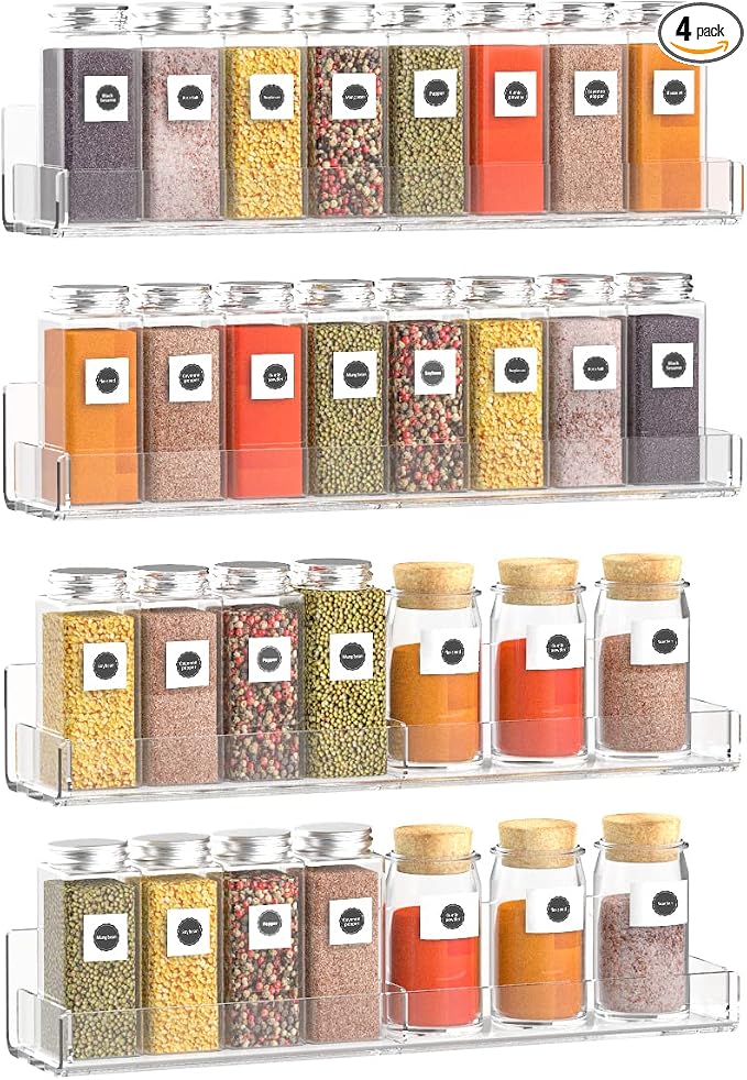 Sezanrpt Acrylic Wall Spice Rack Organizer, Seasoning Rack Shelf Organizer, Clear Wall Mounted Spice Rack Condiment Organizer with Additional Removable Middle Divider, 4 Pack…