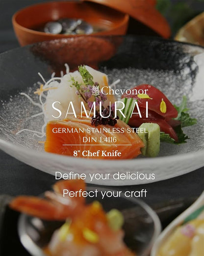 Samurai 8 Inch Gyuto Chef Knife, Ultra Sharp Japanese Style Kitchen Knife with Damascus Pattern - German Stainless Steel (DIN 1.4116), Professional Meat & Vegetable Slicer, Premium Gift Box