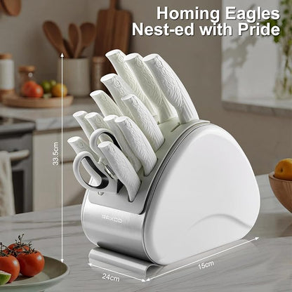 RAXCO 15-Piece Kitchen Knife Set with Block, White | Stainless Steel Blades, Ergonomic Handles. 15-Pc in Modern Block With Built-in Sharpener.