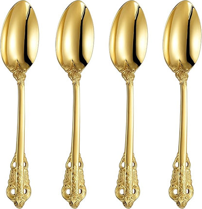 KEAWELL Luxury Dinner Spoon, Set of 4, 18/10 Stainless Steel Tablespoons, Silverware Spoon Set, Mirror Polished, 7.8 Inches (Gold)