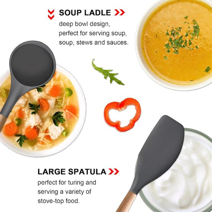 Silicone Cooking Utensils Set 5-Piece Non-Stick Kitchen Utensil Set, Wood Handle Heat Resistant Spatula Spoon Turner Soup Ladle Silicone Cooking Kitchen Gadgets BPA Free for Nonstick Cookware