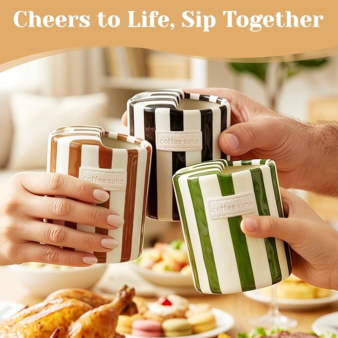 Ceramic Coffee Mug Novelty Ceramic Travel Mug Cute Espresso Cups To Go Anthropologie Latte Cups Aesthetic Green Pottery Mugs With Sip Hole 10oz Clay Striped Vintage Handmade Coffee Cup for Home