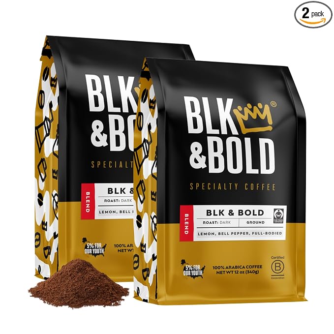 BLK & Bold Ground Coffee, Dark Roast, Bold Heavy Body with Smooth Toasty Finish, For Drip Coffee Maker, French Press & Coffee Pot, 12 oz Bags (2 Pack)