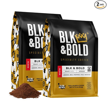 BLK & Bold Ground Coffee, Dark Roast, Bold Heavy Body with Smooth Toasty Finish, For Drip Coffee Maker, French Press & Coffee Pot, 12 oz Bags (2 Pack)