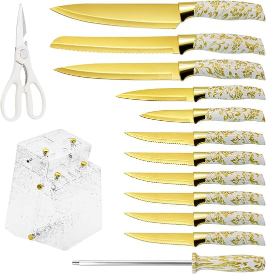 Knife Block Set, Gold Sharp Knives with Acrylic Block, Stainless Steel Kitchen Knife Set with Serrated Steak Knife, Chef Knife, Bread Knife, Scissors, Sharpener, 14Pcs Professional Knife Set for gift