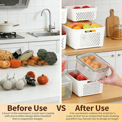 Fruit storage containers for fridge，with detachable drainer basket and airtight seal, stackable produce organizer, prolongs freshness of berries, greens, meats