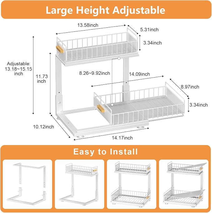 Under Sink Organizer, High Adjustable 2 Tier Under Kitchen Sink Organizer, Multi-Purpose Storage Shelf for Kitchen Bathroom Cabinet, White