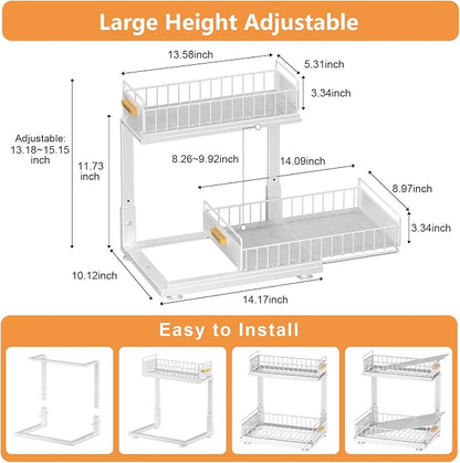 Under Sink Organizer, High Adjustable 2 Tier Under Kitchen Sink Organizer, Multi-Purpose Storage Shelf for Kitchen Bathroom Cabinet, White