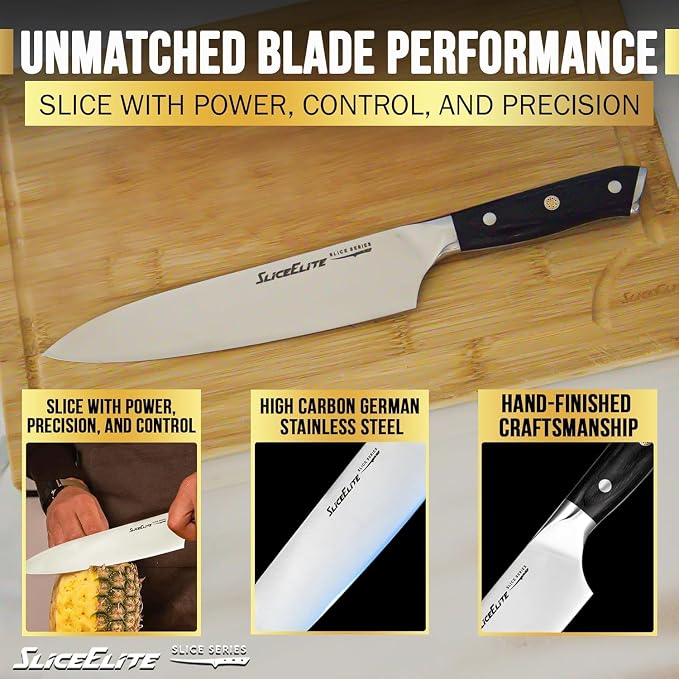 SliceElite Slice Series 8 Inch Chef Knife High Carbon German Steel Blade Pakkawood Handle with Polymer Blade Guard Professional Sharp Kitchen Knife for Meat Cutting Vegetable BBQ Cooking Chopping