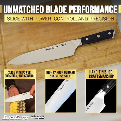 SliceElite Slice Series 8 Inch Chef Knife High Carbon German Steel Blade Pakkawood Handle with Polymer Blade Guard Professional Sharp Kitchen Knife for Meat Cutting Vegetable BBQ Cooking Chopping