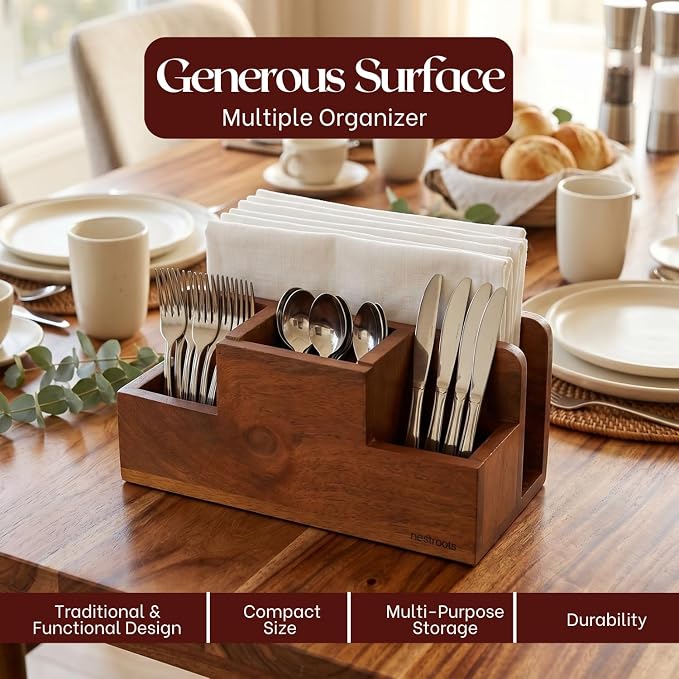 nestroots Silverware, Napkins & Spoon Holder, Acacia Wooden Utensil Caddy, Organizer Countertop, Cutlery Holder for Party, Fork, Knife Organizer