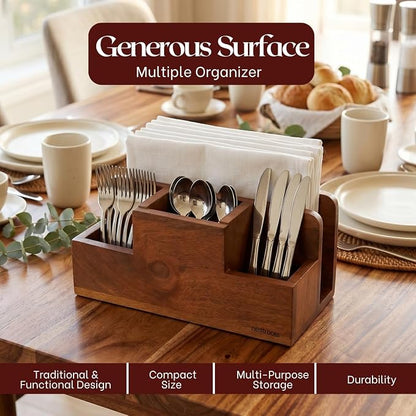 nestroots Silverware, Napkins & Spoon Holder, Acacia Wooden Utensil Caddy, Organizer Countertop, Cutlery Holder for Party, Fork, Knife Organizer