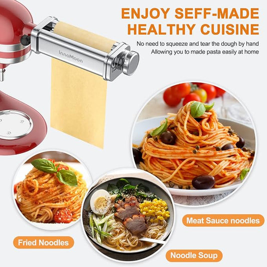 Pasta Maker Attachment for KitchenAid Stand Mixers, Stainless Steel for Kitchen aid Pasta Attachment Includes Pasta Sheet Roller, Spaghetti & Fettuccine, Dough Scraper Pasta Attachment by InnoMoon