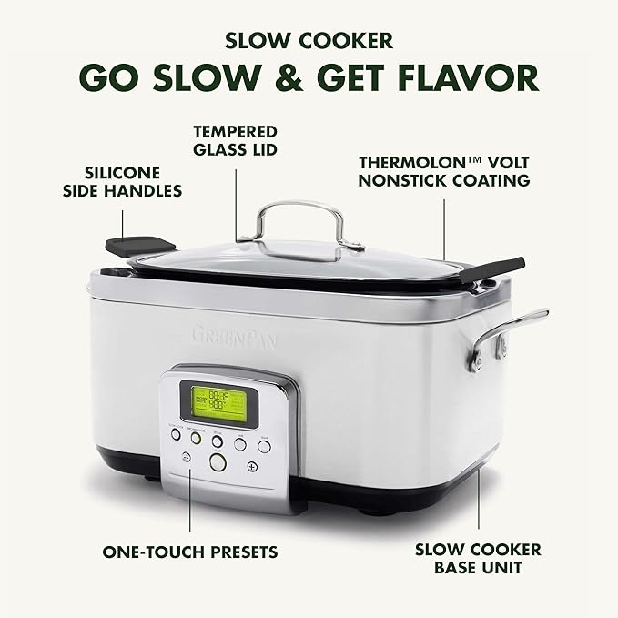GreenPan Elite 8-in-1 Programmable 6QT Electric Slow Cooker, Dishwasher Safe Lid & Removable Crock, PFAS-Free Healthy Ceramic Nonstick Multi-Cooker, Sear, Sauté, Brown, Steam Basket, Roast, White