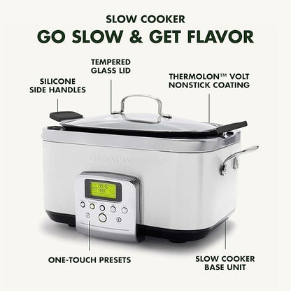 GreenPan Elite 8-in-1 Programmable 6QT Electric Slow Cooker, Dishwasher Safe Lid & Removable Crock, PFAS-Free Healthy Ceramic Nonstick Multi-Cooker, Sear, Sauté, Brown, Steam Basket, Roast, White