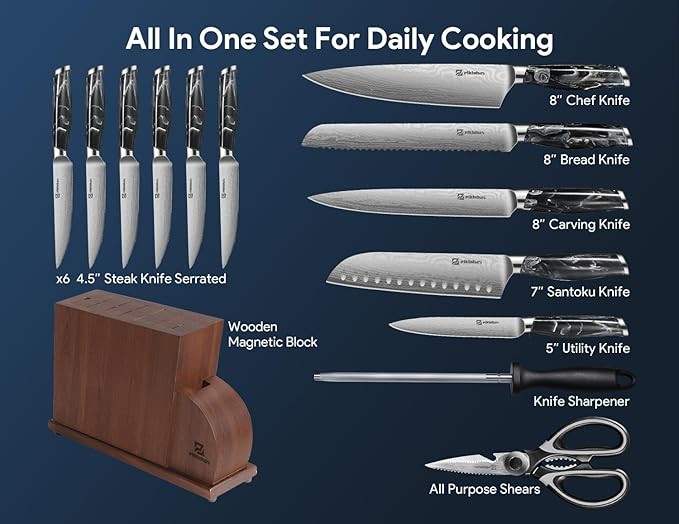 Knife Set for Kitchen 14 Pieces with Magnetic Block, German Razor Sharp High Carbon Stainless Steel Damascus Pattern, Full Tang Ergonomic Handle, Black Flowing Cloud Design