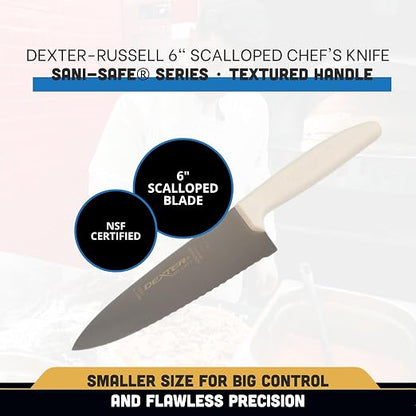Dexter-Russell 12613 Chef’s Knife, 6" Scalloped DEXSTEEL High Carbon Stain-Free Steel Blade, Ergonomic Textured Polypropylene Handle, NSF Certified, Culinary Kitchen Cook Knife, Made in USA