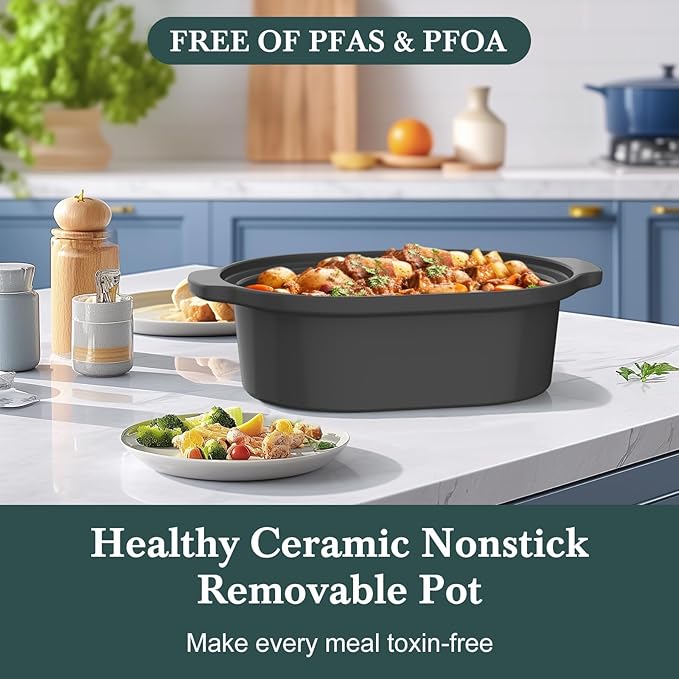 MAGNIFIQUE 6 Quart Programmable Slow Cooker Removable Healthy Nonstick Pot - Small Kitchen Appliance for Family Dinners - Serves 6+ People - Heat Settings: Keep Warm Sage Green