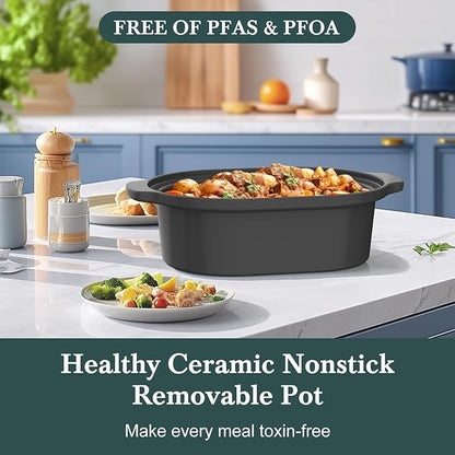 MAGNIFIQUE 6 Quart Programmable Slow Cooker Removable Healthy Nonstick Pot - Small Kitchen Appliance for Family Dinners - Serves 6+ People - Heat Settings: Keep Warm Sage Green