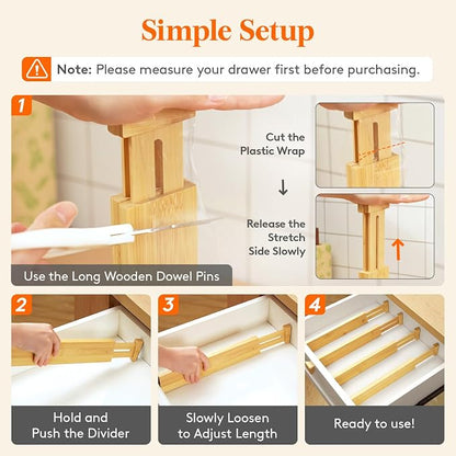 Lifewit 2.4" High 8 Pack Bamboo Drawer Dividers 33-42cm/13-16.5" Adjustable Wooden Drawer Organizer for Clothes/Utensils, Expandable Drawer Separator for Dresser/Kitchen/Bedroom/Office Organization
