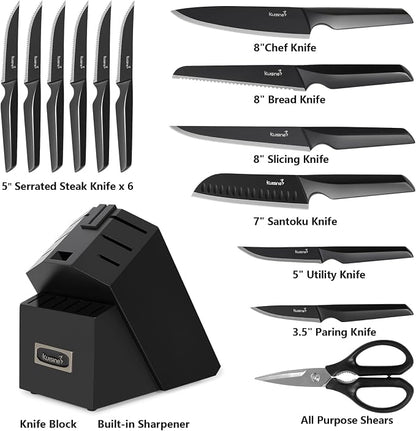 Kuisine Black Knife Set, 15-Piece High Carbon Stainless Steel Ultra Sharp Knife Block Set, Ergonomic Handle with Sharpener for Kitchen(15 PCS Black EX)