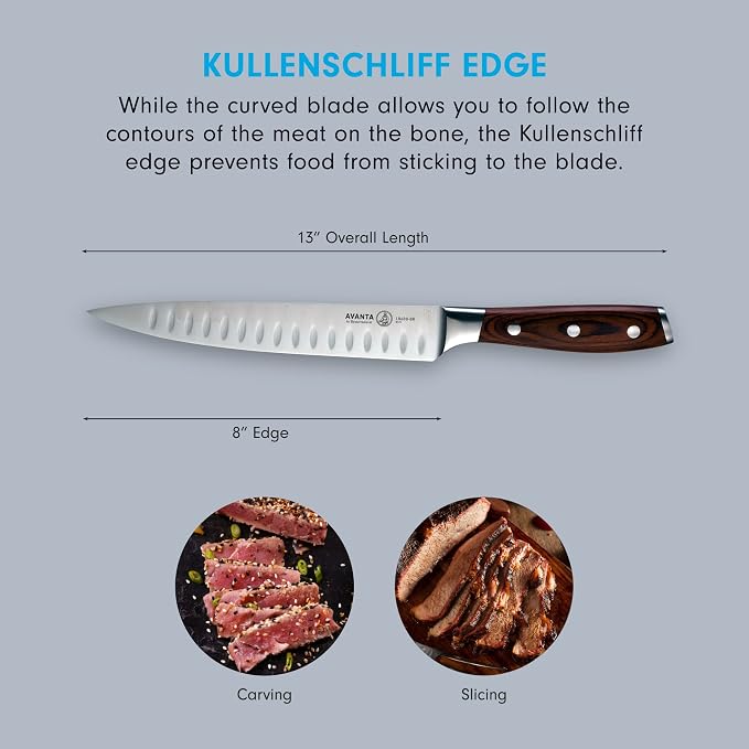 Messermeister Avanta Forged Kullenschliff Carving Set - Includes 8” Carving & Slicing Knife + 7” Fork - German X50 Stainless Steel - Pakkawood Handle - Rust Resistant & Easy to Maintain