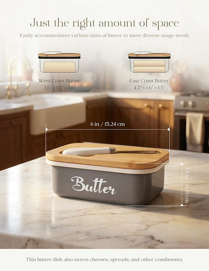 Butter Dish with Lid for Countertop, AISBUGUR Metal Butter Keeper with Stainless Steel Multipurpose Butter Knife, Large Butter Container with Double High-quality Silicone Good Kitchen Gift Grey