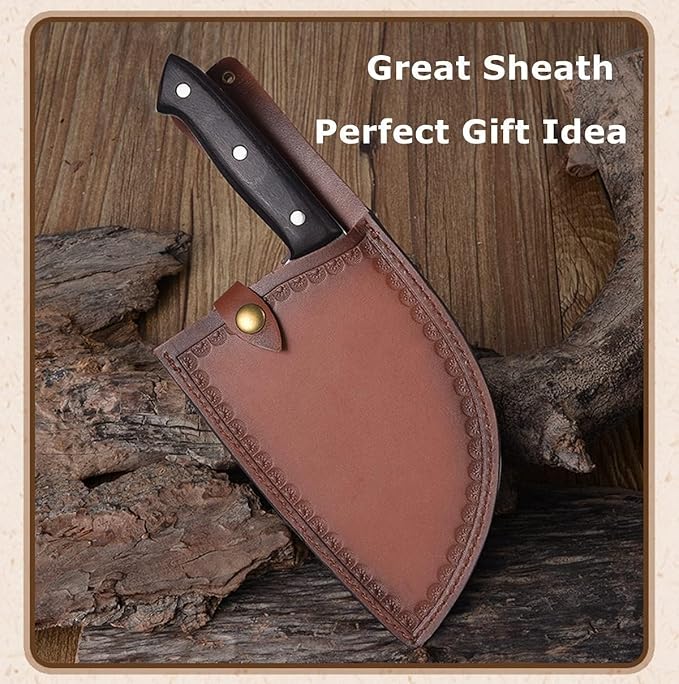 Dream Reach Forging Serbian Chef Knife Kitchen Chef Knives Full Tang High Carbon Clad Steel Almasi Butcher Cleaver with Leather Sheath Thanksgiving Gifts for Men Women (B-Almasi Knife)