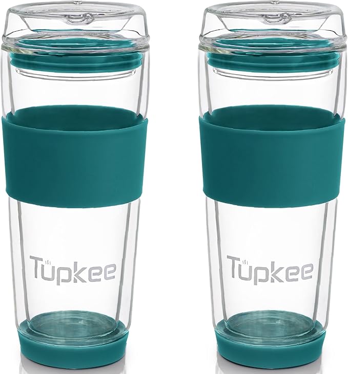 Double Wall All Glass Tumbler - 14-Ounce, Reusable Insulated Tea/Coffee Mug & Lid, Hand Blown Glass Travel Mug - Cyan- 2 Pack