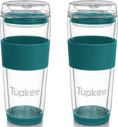 Double Wall All Glass Tumbler - 14-Ounce, Reusable Insulated Tea/Coffee Mug & Lid, Hand Blown Glass Travel Mug - Cyan- 2 Pack