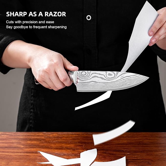 Chef Knife Professional Japanese AUS-10 Steel Core Kitchen Knife with Damascus Pattern, Razor Sharp 8 Inch Chefs Knife with Full-Tang Ergonomic Handle - Ideal for Home Cooks & Professional Chefs