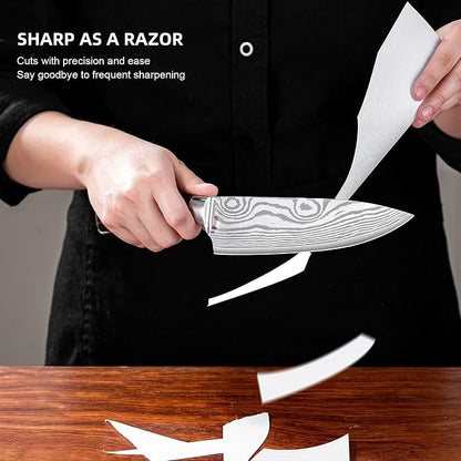Chef Knife Professional Japanese AUS-10 Steel Core Kitchen Knife with Damascus Pattern, Razor Sharp 8 Inch Chefs Knife with Full-Tang Ergonomic Handle - Ideal for Home Cooks & Professional Chefs