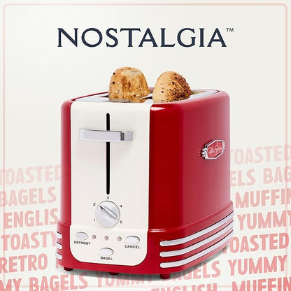 Nostalgia Retro Wide 2-Slice Toaster, Vintage Design With Crumb Tray, Cord Storage & 5 Toasting Levels, Red