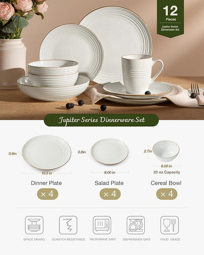Famiware Jupiter 12-Piece Stoneware Dinnerware Set, Handcrafted Plates and Bowls with Speckles & Embossed Swirls, Chip/Scratch Resistant, Microwave/Dishwasher Safe, Modern Dishes, Service for 4, White