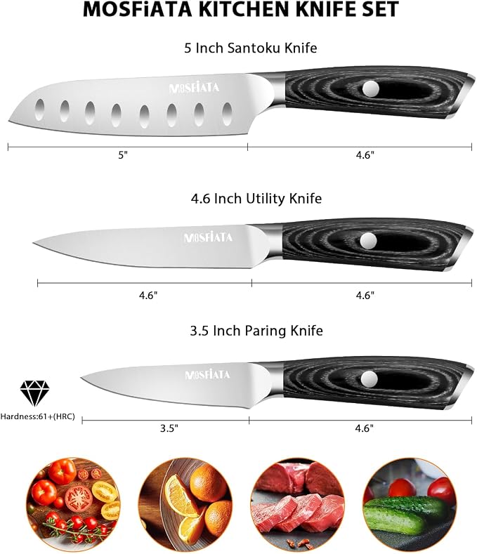 MOSFiATA 3pcs Kitchen Knife Set, Sharp Chef Knife High Carbon German EN1.4116 Stainless Steel Santoku Cooking Knife, Fruit Paring Knife Kitchen Chopping Knives Set with Wooden Handle and Gift Box