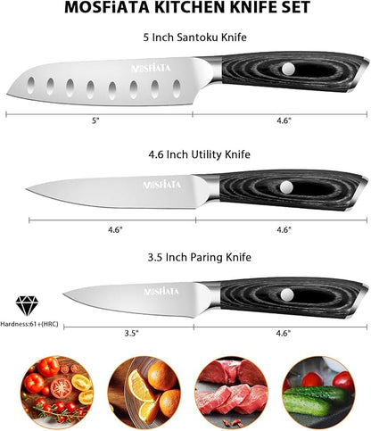 MOSFiATA 3pcs Kitchen Knife Set, Sharp Chef Knife High Carbon German EN1.4116 Stainless Steel Santoku Cooking Knife, Fruit Paring Knife Kitchen Chopping Knives Set with Wooden Handle and Gift Box