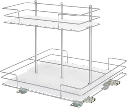 Household Essentials Glidez Steel Pull-Out/Slide-Out Storage Organizer with Plastic Liners for Under Sink or Wire Shelf Use - 2-Tier Design - Fits Standard Size Cabinet or Shelf, Brushed Silver