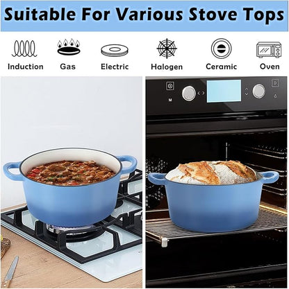 TeamFar 6QT Dutch Oven with Lid, Enameled Nonstick Cast Iron Dutch Oven Cooking Pot for Stewing Baking Braising, Various Stoves & Oven Safe, Toxic Free & Solid, Dual Handles & Easy Cleanup - Blue
