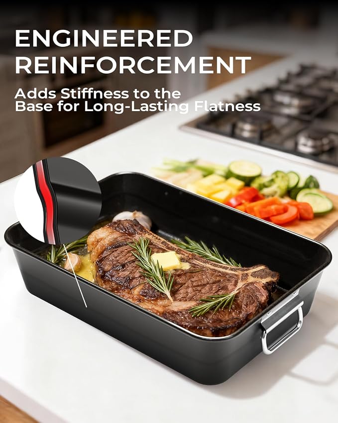 Turkey Roasting Pan with Rack Non stick Carbon Steel Roaster 16x11 Inch, Dishwasher Safe, Deep Baking Broiler Pan for Oven Chicken, Bacon, Black
