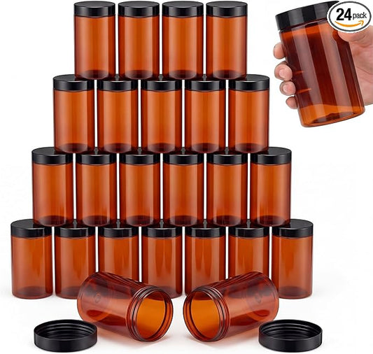 SATINIOR 24 Pieces Empty Clear Plastic Jars with Lids Round Storage Containers Wide Mouth for Beauty Product Cosmetic Cream Lotion Liquid Butter Craft and Food(Amber Lid,10 oz)